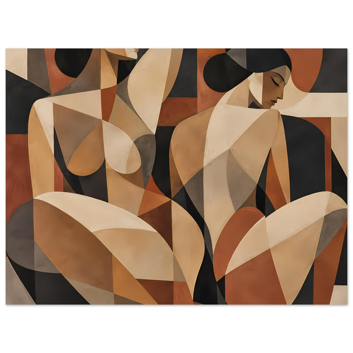 Poster im Querformat: abstrakte Frauenfiguren mit geometrischen Segmenten in Erdtönen