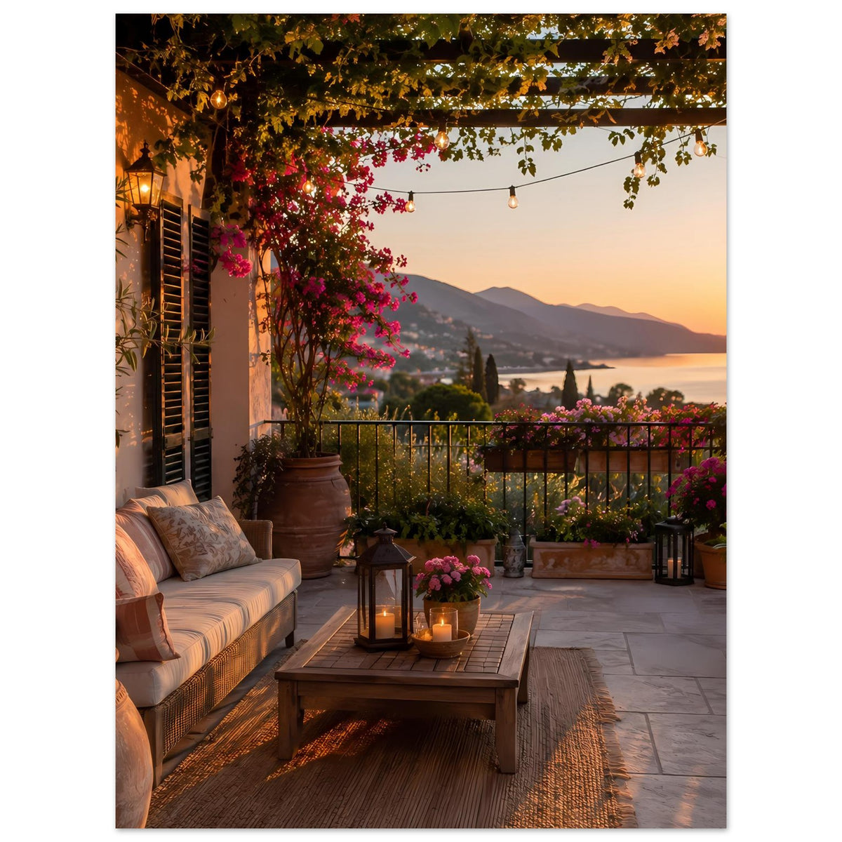 Kunstposter: Balkonterrasse mit Laterne, Blumenkisten und Lichterkette bei Sonnenuntergang