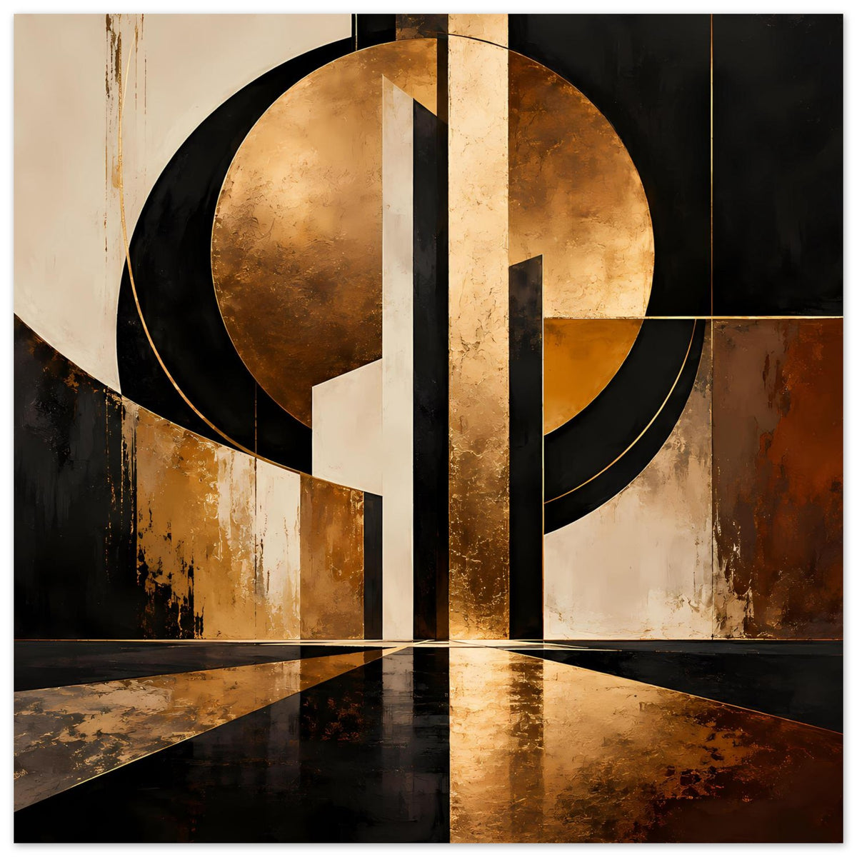 Abstraktes Kunstposter: goldene Halbkreise, schwarze Linien und geometrische Flächen