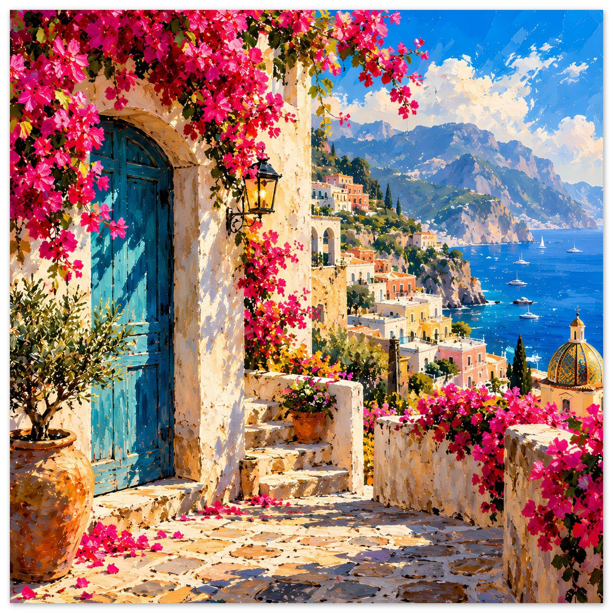 Hochformat-Poster mit Türkisblauem Meer, orange-bunten Häusern, pinken Blüten und Treppe
