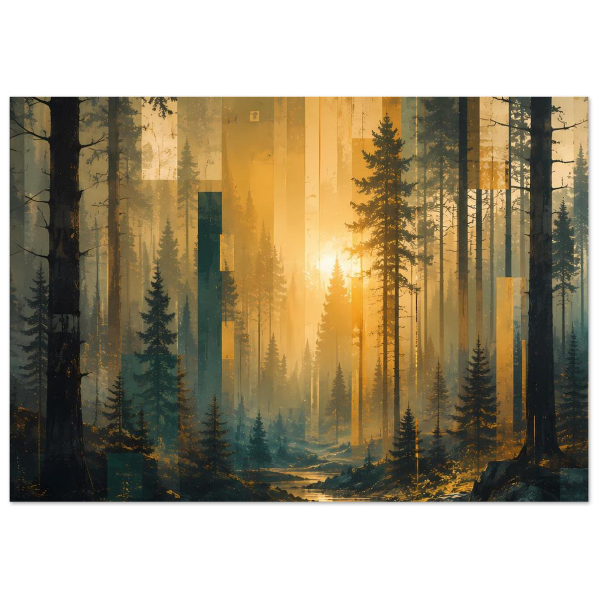 Wandposter im Querformat: Wald im Morgenlicht mit Sonnenstrahlen und dichtem Baumhintergrund