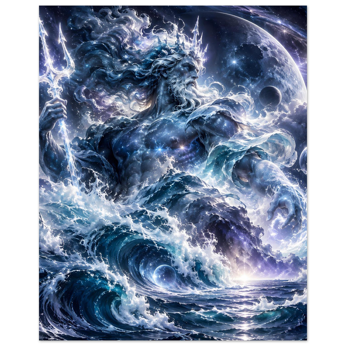 Poster im Hochformat mit blauem Meereswesen und leuchtender Säule aus Wasser/Strahlen