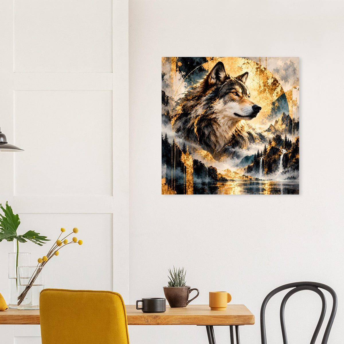 Wolfs-Poster mit goldenem Farbauftrag und Blau-Elementen: Wolf im Profil, Landschaft darunter