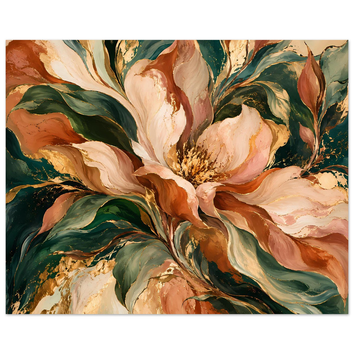 Blumenposter mit Pfingstrosen in Creme- und Terrakotta-Tönen mit dunkelgrünen Blättern
