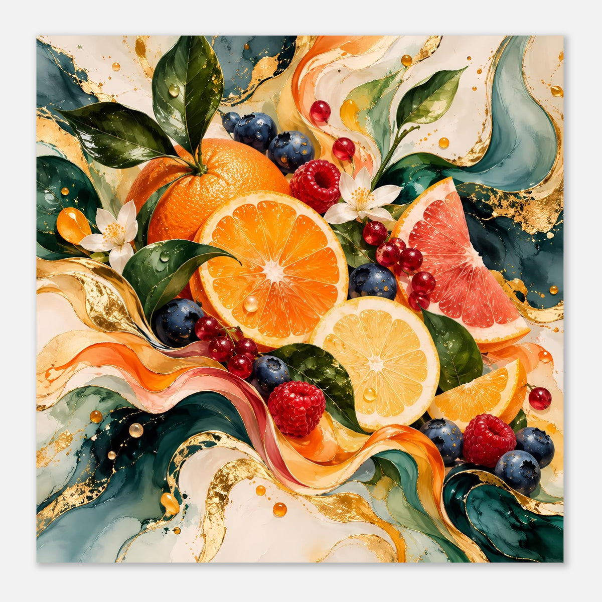 Nahaufnahme des Wandposters: Orangen, Grapefruit und Beeren mit Gold-Sprenkel und Wellen