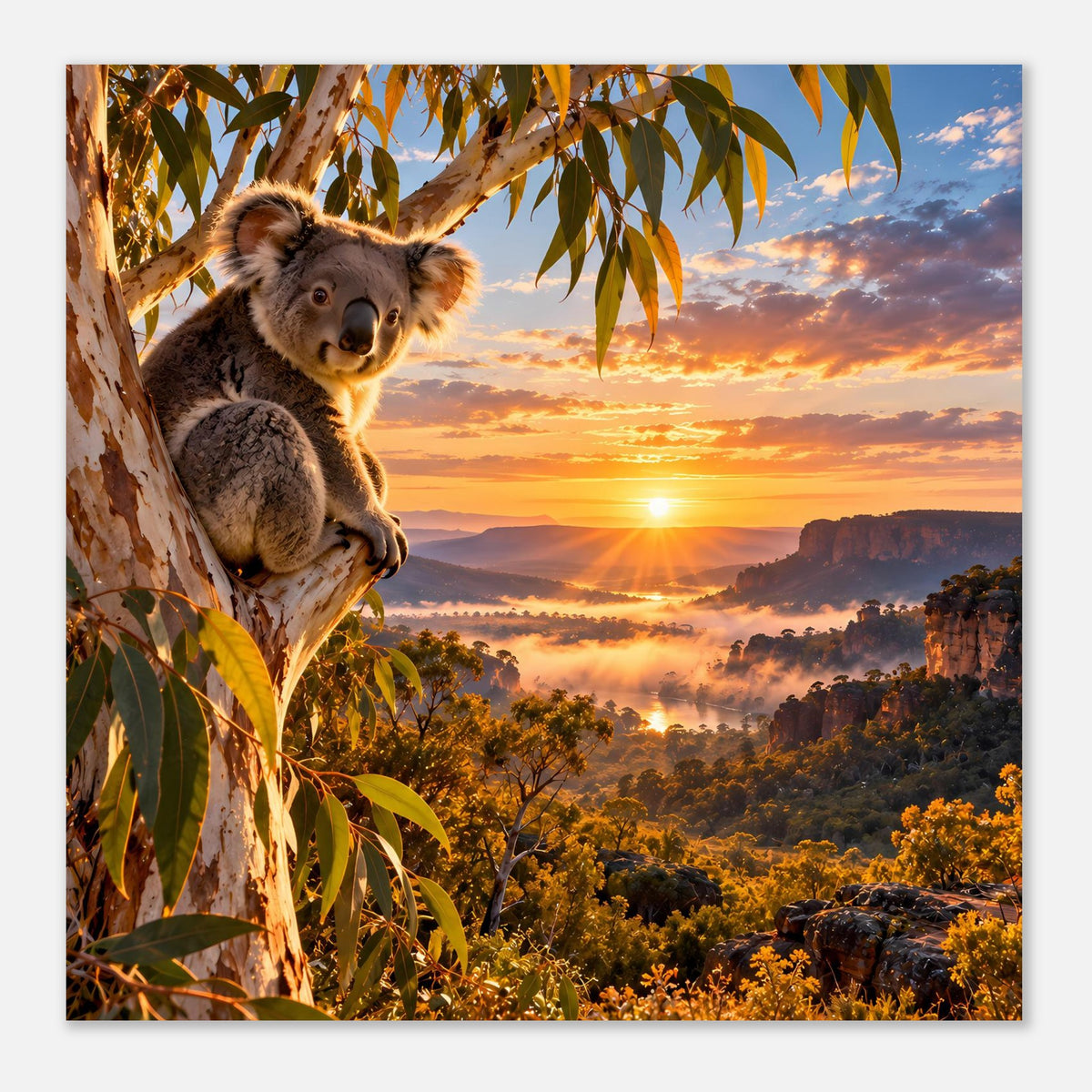 Koala-Poster im Hochformat: Koala und Blätter links, Sonnenuntergang über Tälern und Hügeln