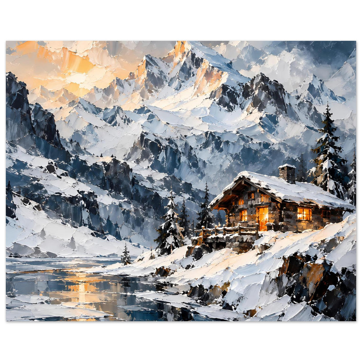 Winterlandschafts-Poster im Querformat: Schneelandschaft mit Alpenhütte und warmem Licht