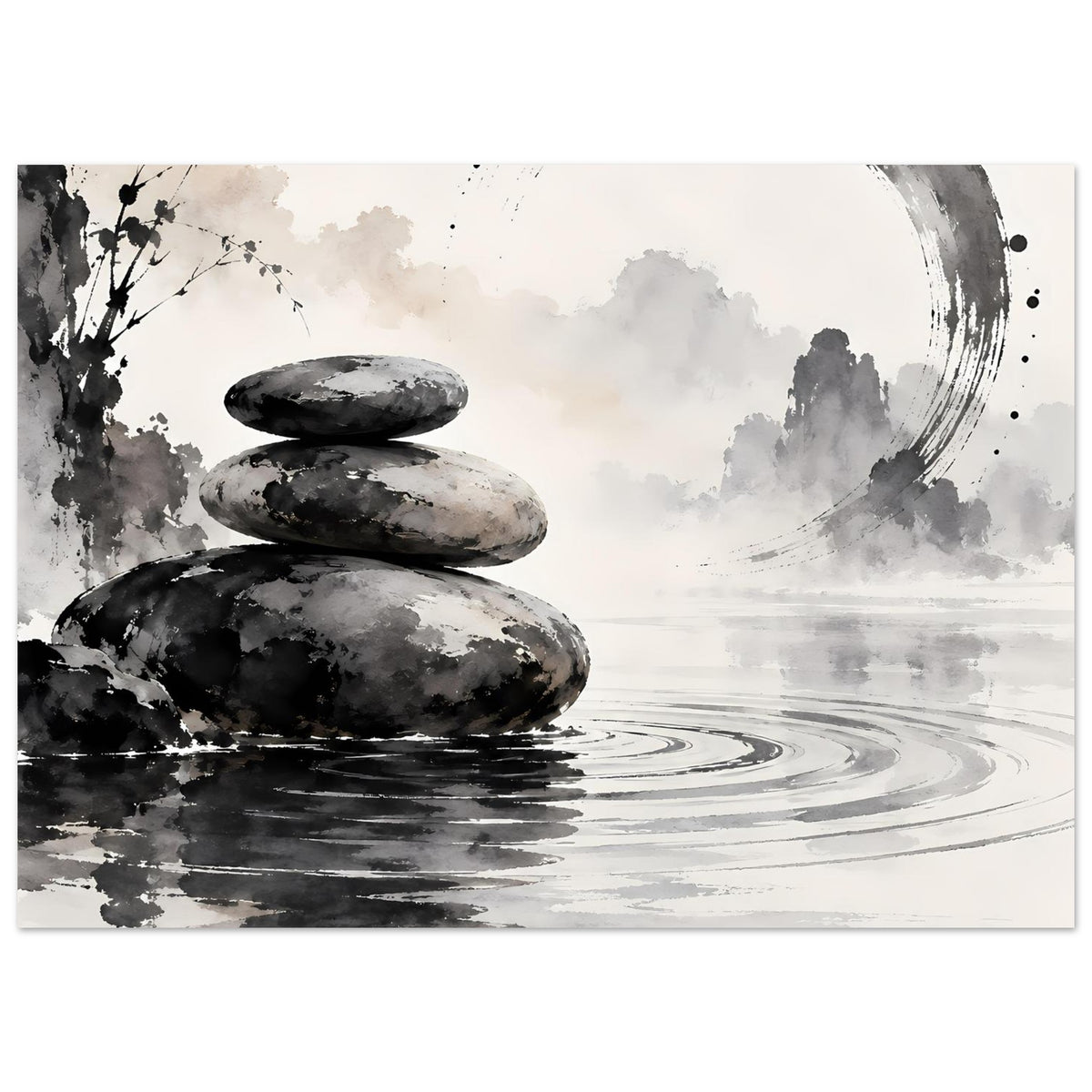 Poster mit Zen-Steinmotiv in Schwarzweiß: drei Steine, Wasserwellen, schmaler Pinselkreis