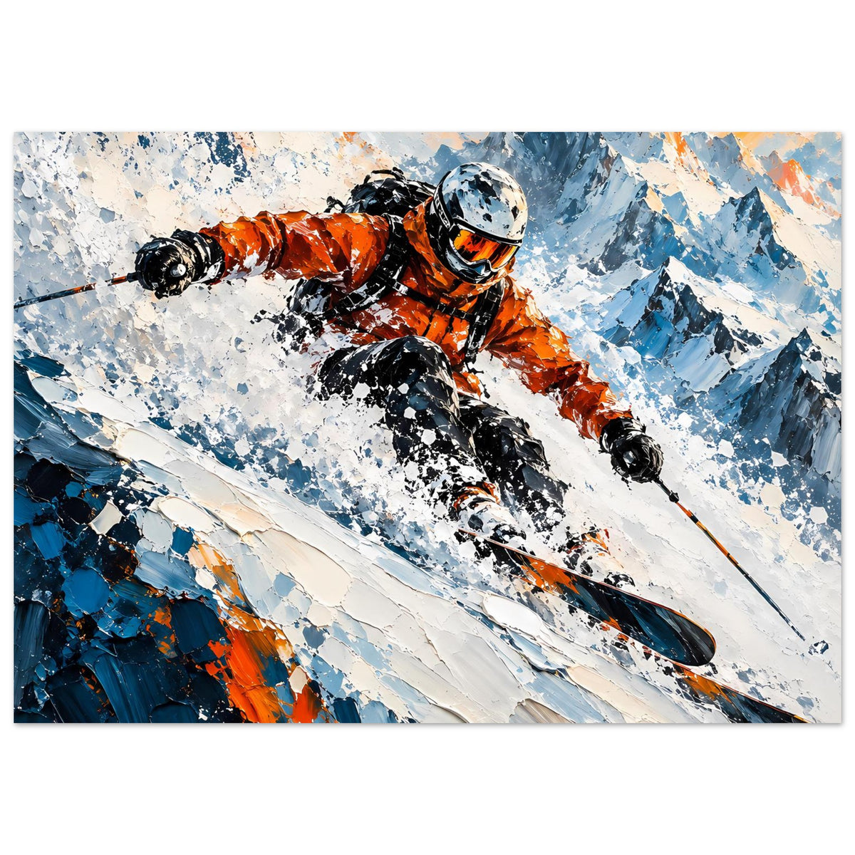 Wintersport-Poster mit Skifahrer in Orange auf Ski, kräftige Blau-Töne und Schneespritzer