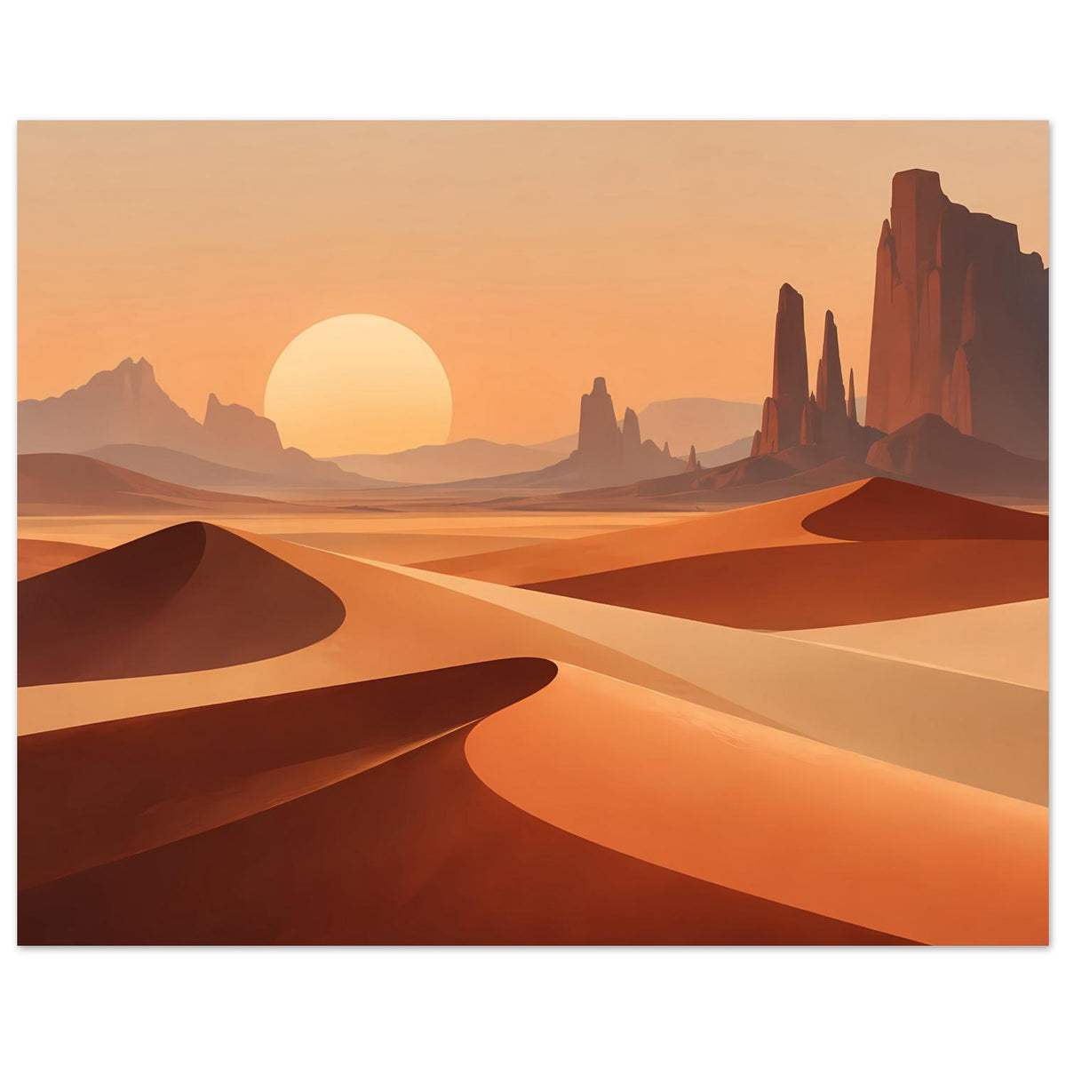 Minimalistisches Poster: Sanddünenlandschaft mit großer Sonne und hohen Felsformationen, orange