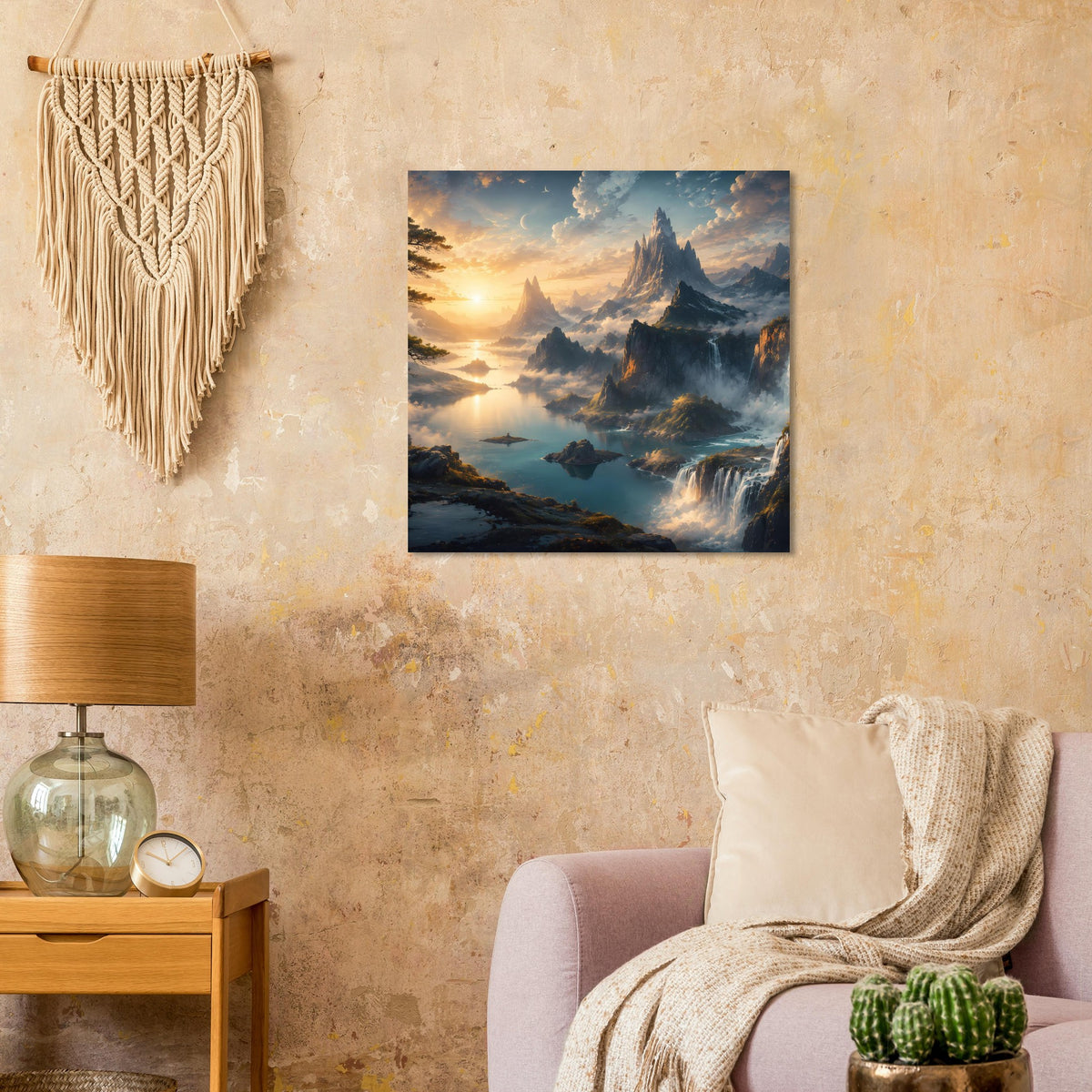 Quadratisches Poster mit dramatischen Felsen, Wasserfällen und leuchtendem Sonnenaufgang