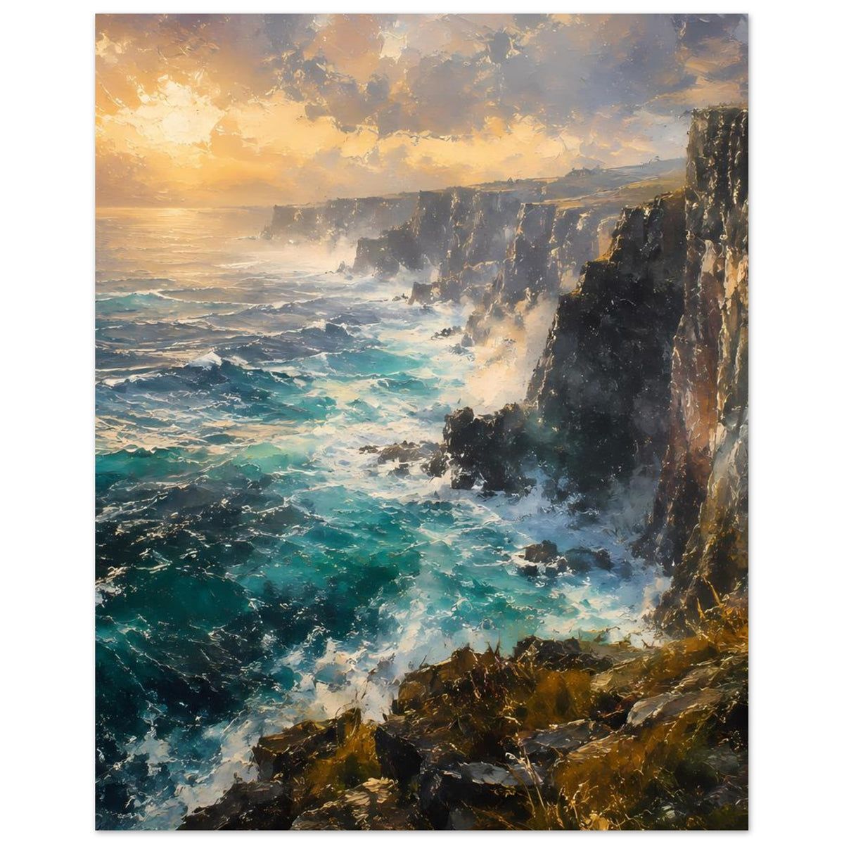 Poster im Hochformat mit Küstenklippen, türkisfarbenem Wasser, Brandung und Abendhimmel.