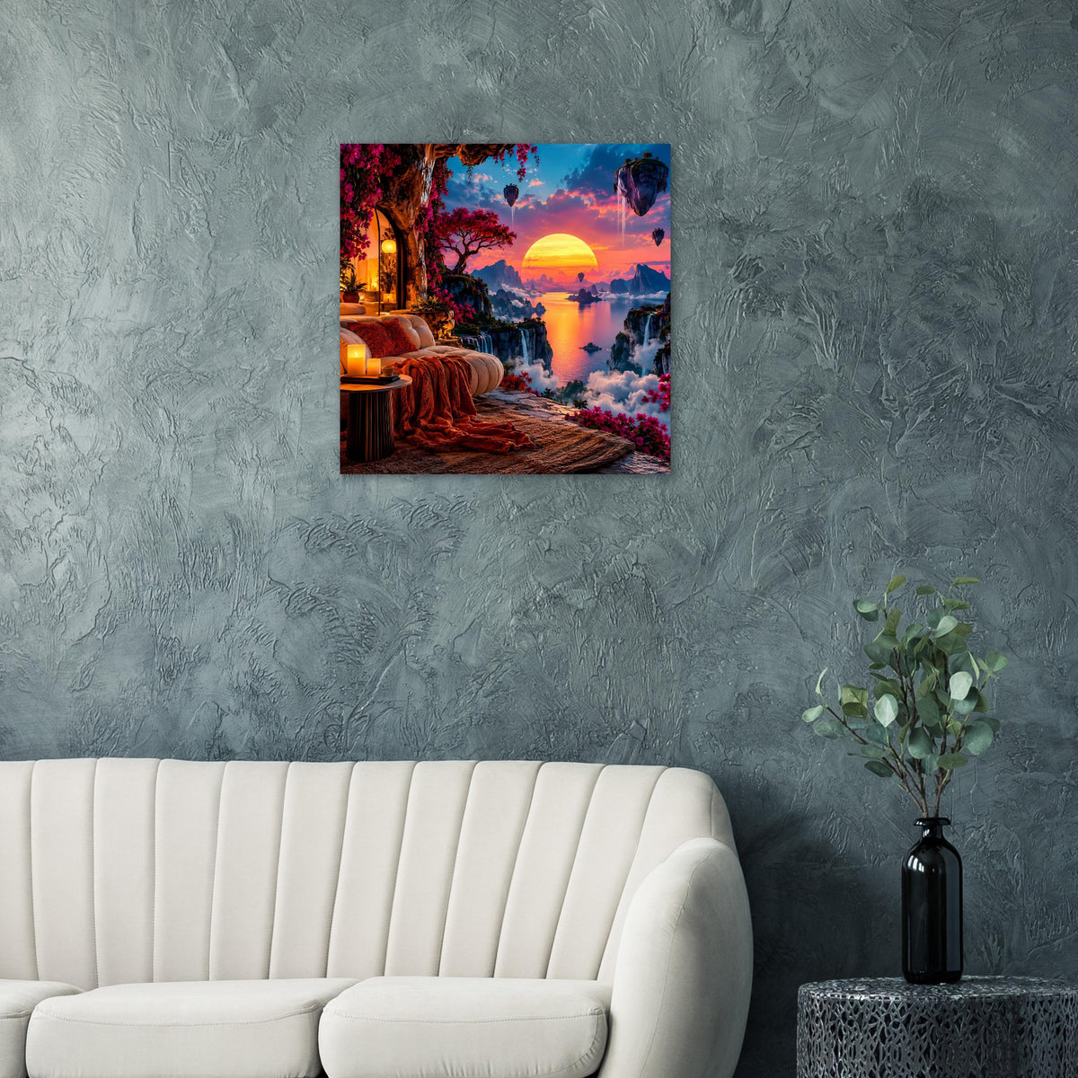 Wandposter mit Traumlandschaft im Sonnenuntergang: blauer Himmel, Wolken und leuchtende Sonne