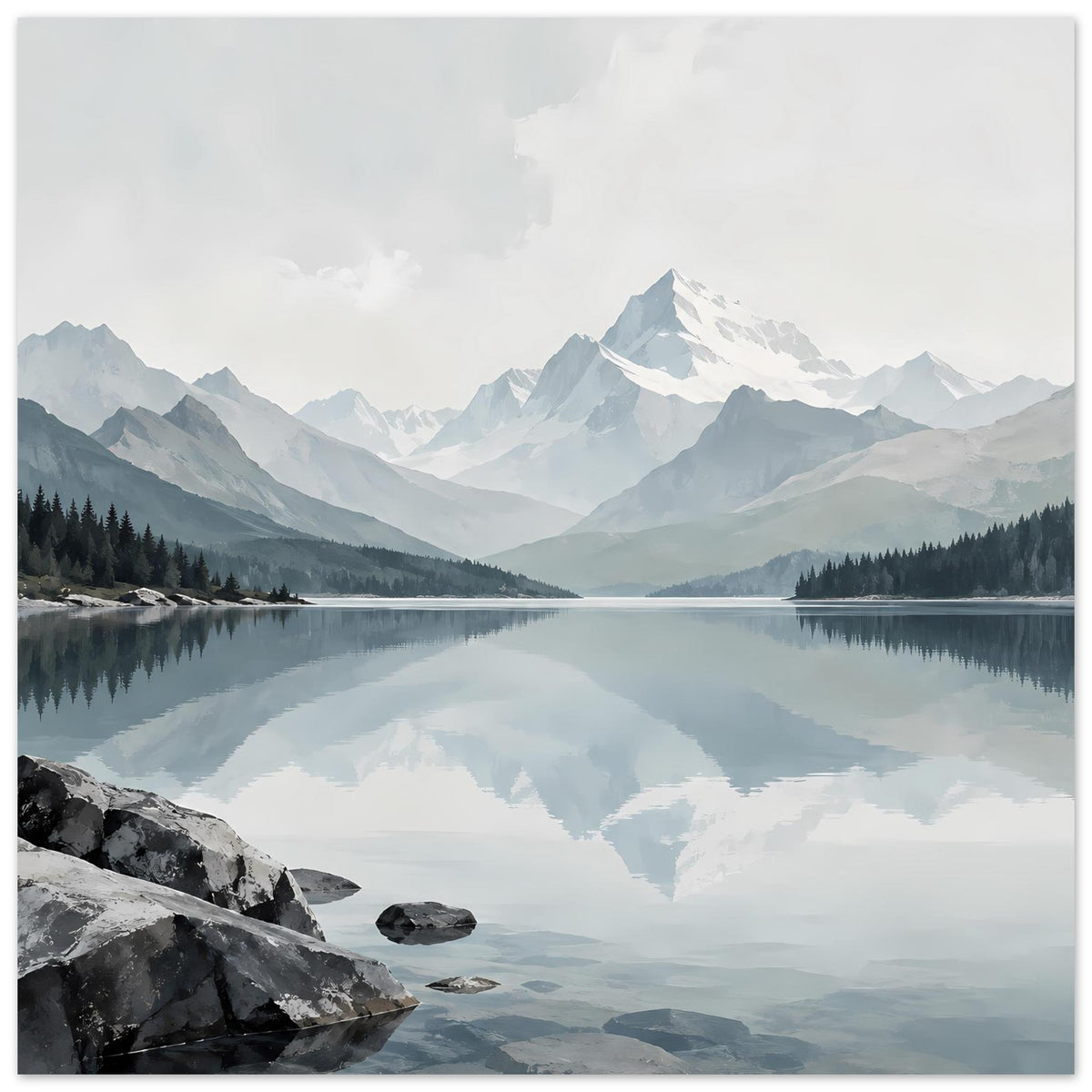 Kunstdruck mit Bergsee und klarer Spiegelung der Berge, Fels am Ufer, querformat