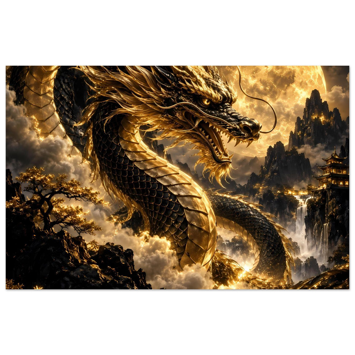 Poster im Querformat: goldener Drache über Felsen und Wolken, Vollmond