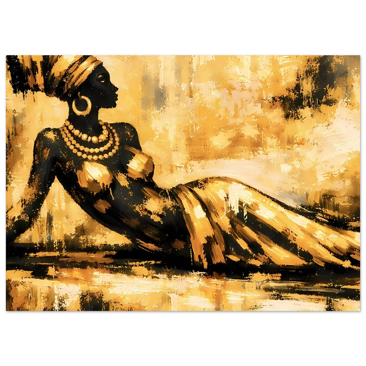 Kunst-Poster im Querformat: schwarze Frau mit goldenen Perlen, ausgestreckte Arme, goldene Farben.