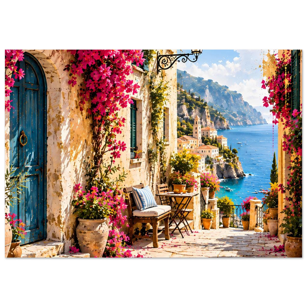 Breiter Posterdruck: mediterraner Weg mit blauer Tür, pinken Blüten und Meeresbucht
