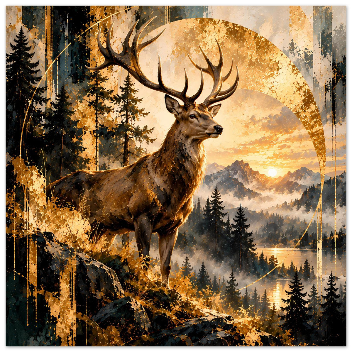 Wandposter mit Hirsch im Sonnenuntergang, vertikales Motiv mit Geweih und Waldlandschaft