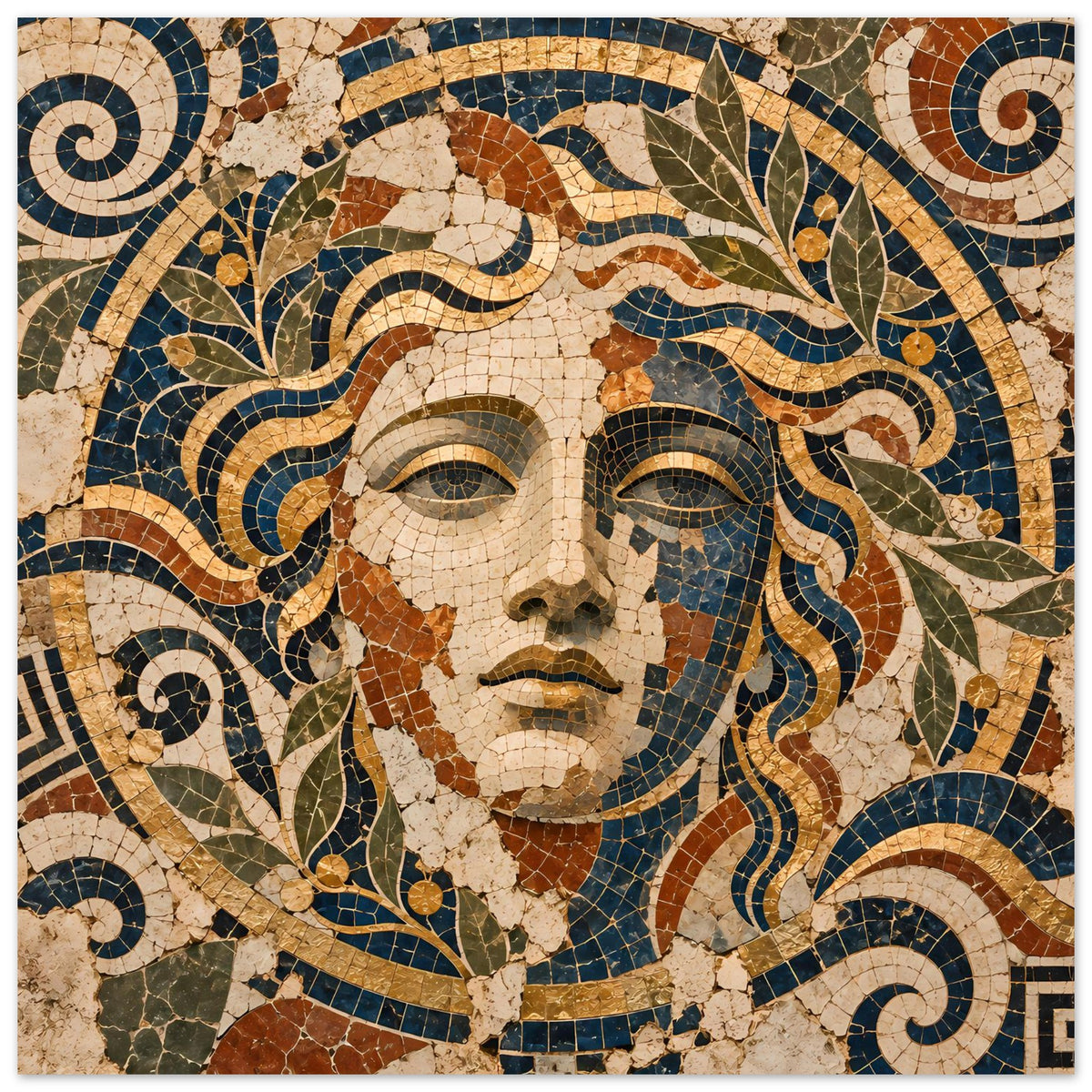 Poster mit Mosaik-Göttinnenportrait und Spiralornamenten, Querformat