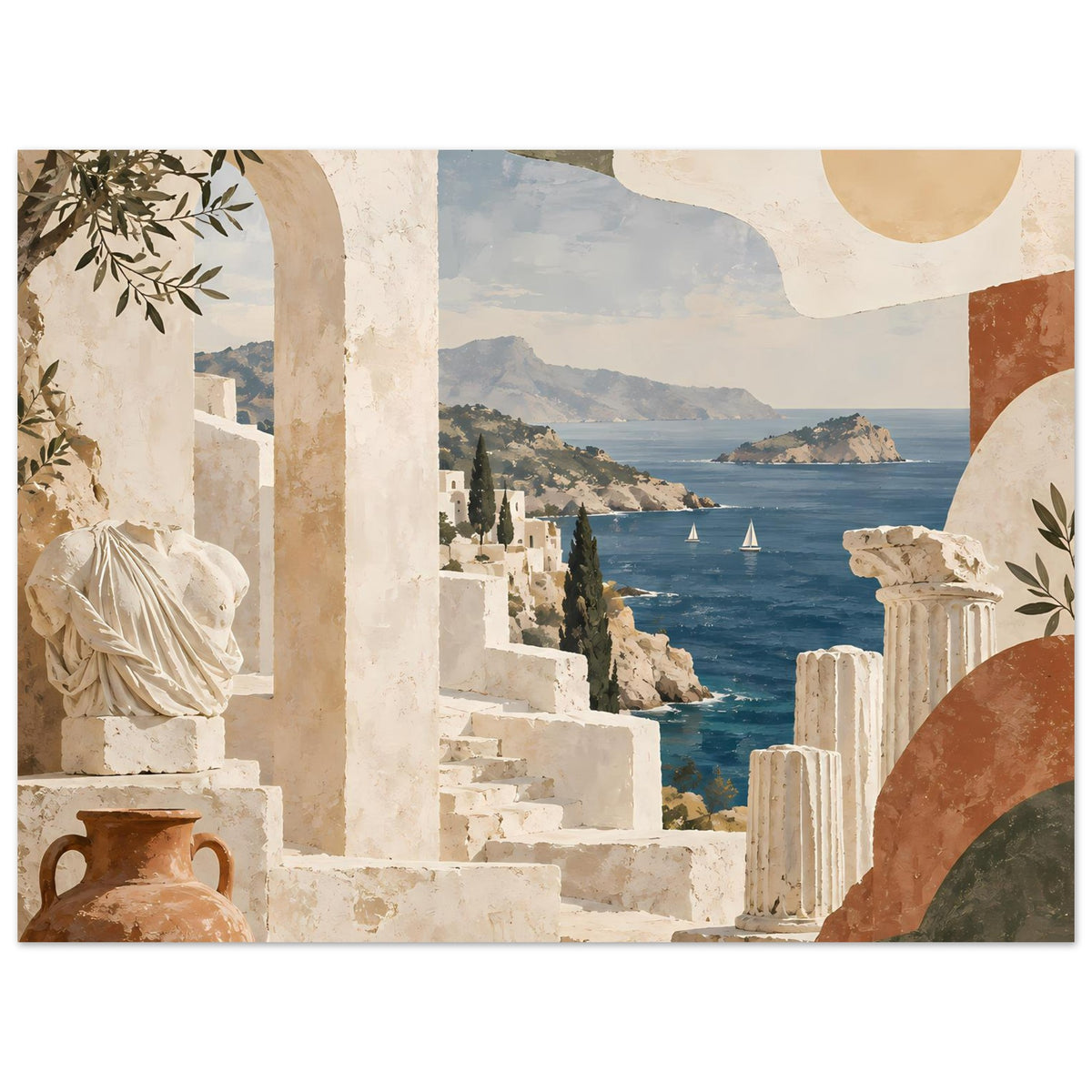 Urlaubs-Poster mit Küstenmeer und historischer Architektur, Säulen und Rundbogen