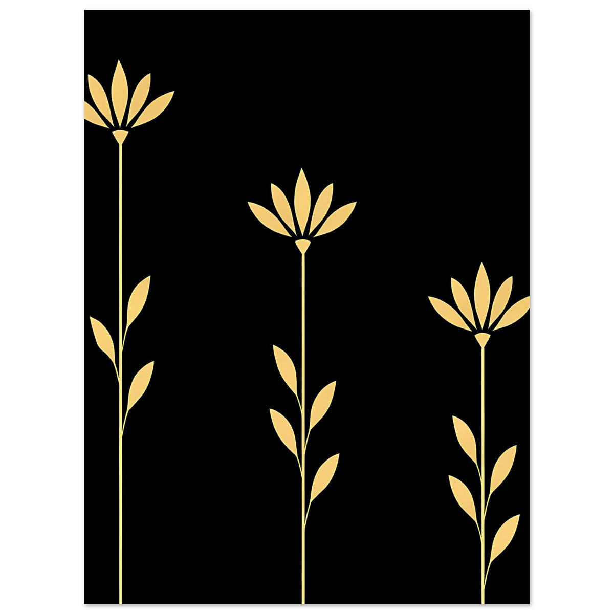 Quadratisches Poster: drei goldene Botanikblüten und Blätter auf schwarzem Grund