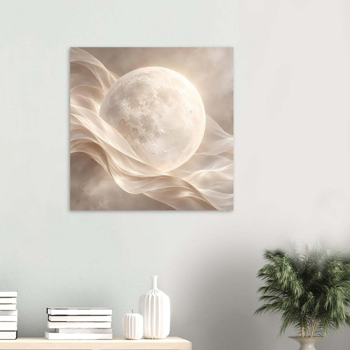 Poster im Querformat: Vollmond über weichen, goldweißen Wellenlinien und Schleifen