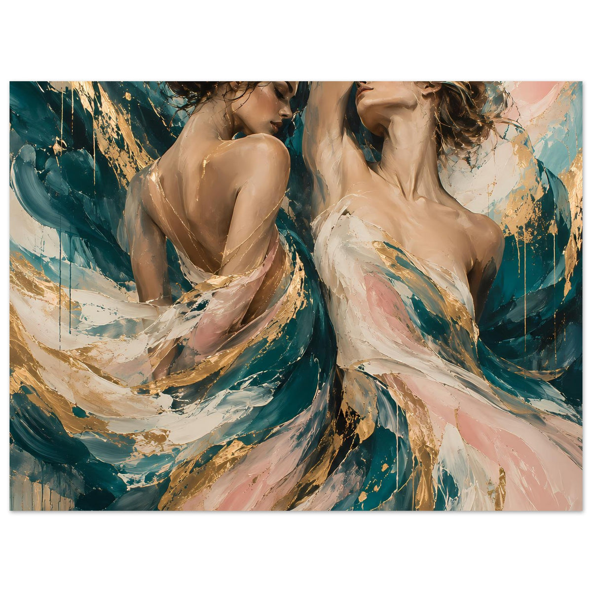 Horizontales Kunstposter mit zwei weiblichen Figuren, abstrakte Strukturen in Blaugrün, Rosa und Gold