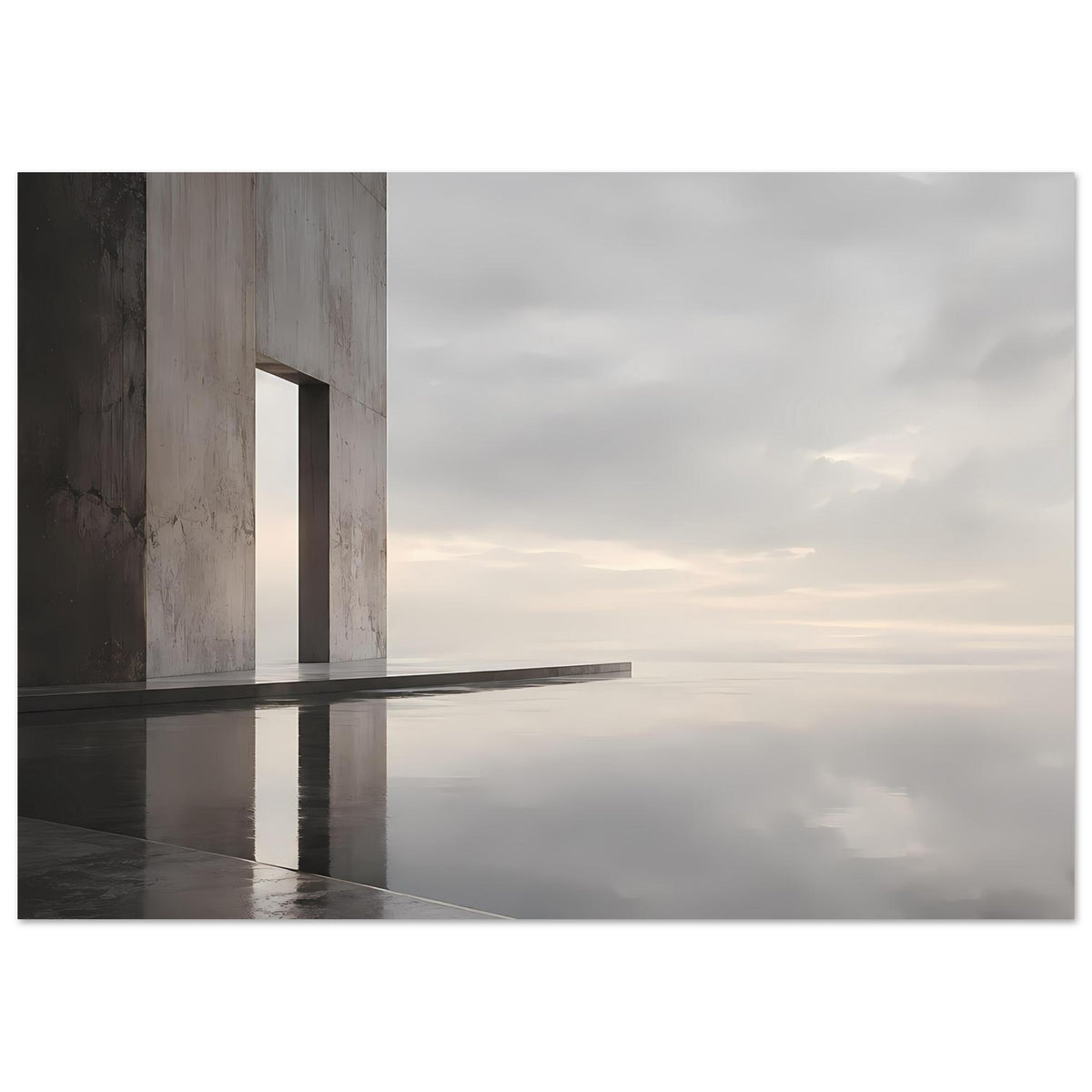 Architekturposter im Querformat mit Betonstütze, Türöffnung und wolkigem Abendhimmel