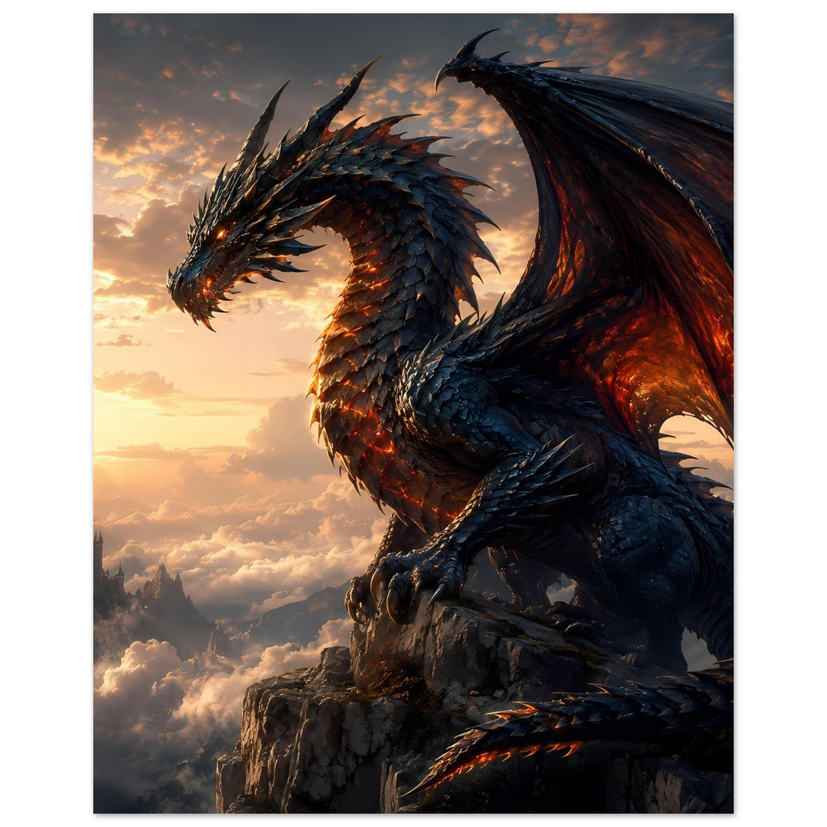 Fantasy-Poster im Hochformat: blauer Drache mit feurigen Flügeln, leuchtende Augen, aufragender Kopf