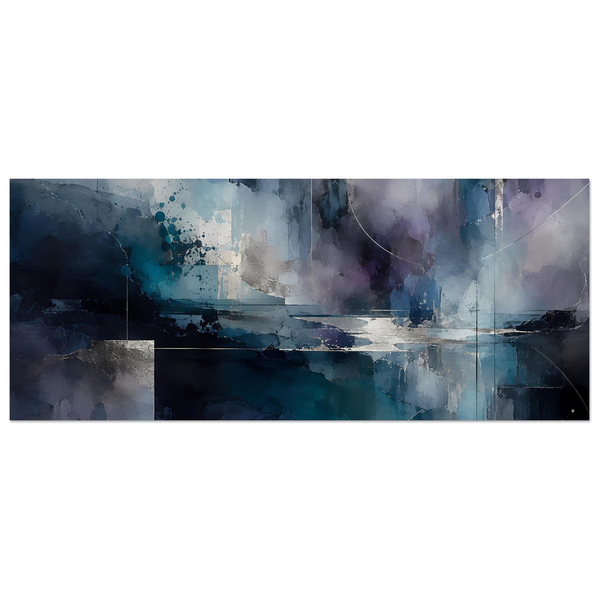 Abstraktes Kunstposter, horizontal: Dunkles Blau mit violetten Bereichen und abstrakten Formen