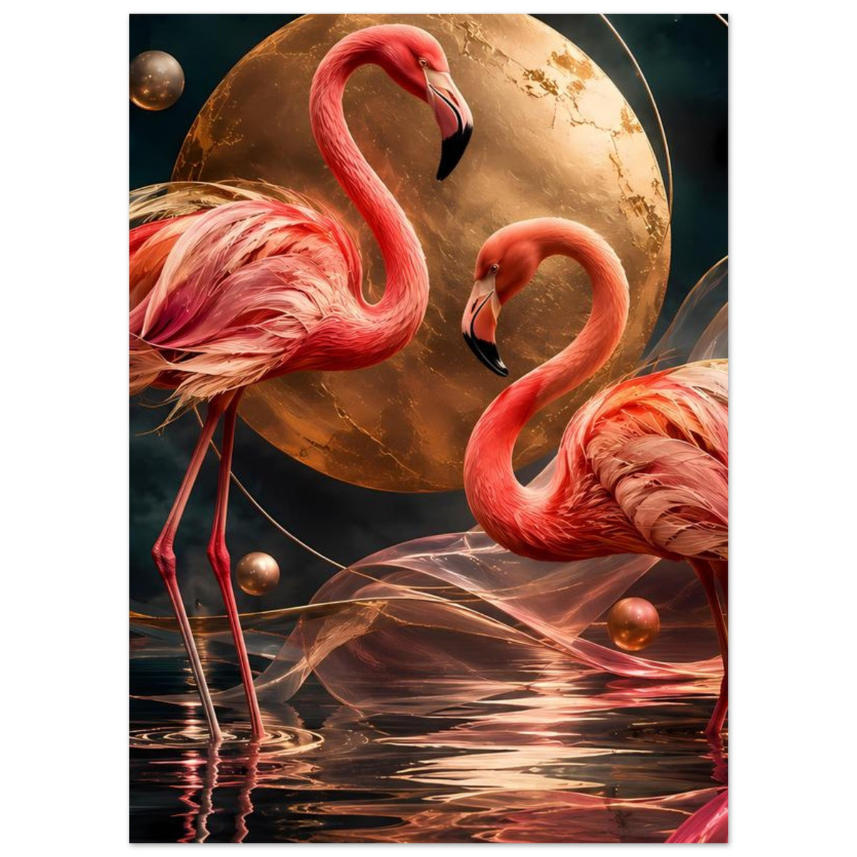 Kunstposter zeigt zwei rosa Flamingos, goldene Mondkugel und Wasserreflexionen