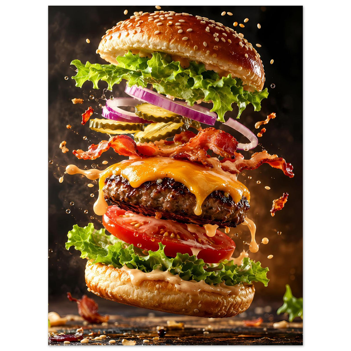 Poster mit Burger-Illustration: Brötchen, Käse, Salat und Fleisch, Sauce in Spritzern.