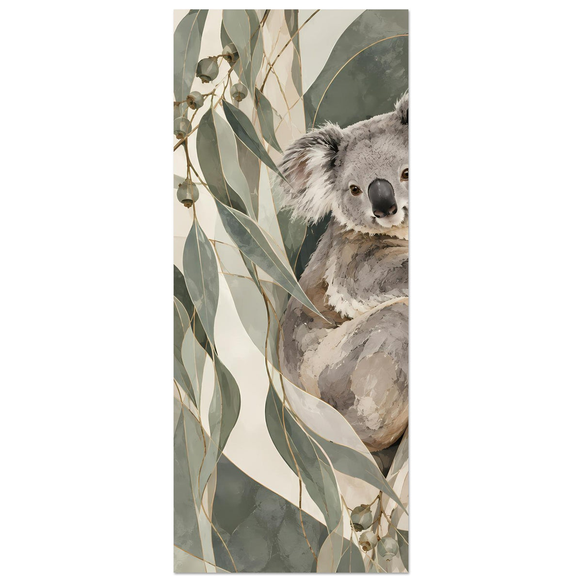 Koala-Porträtposter im Hochformat-Ausschnitt mit Blättern und sitzendem Koala