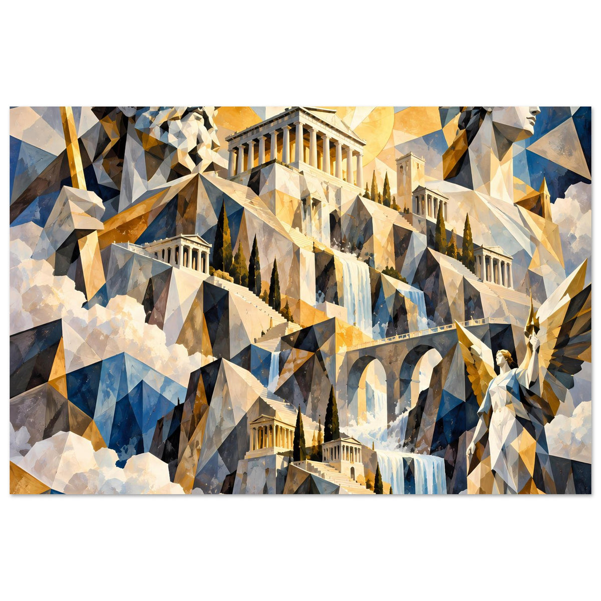 Poster mit Tempelarchitektur, antiken Skulpturen und Wasserfallmotiv in Blau-Gold