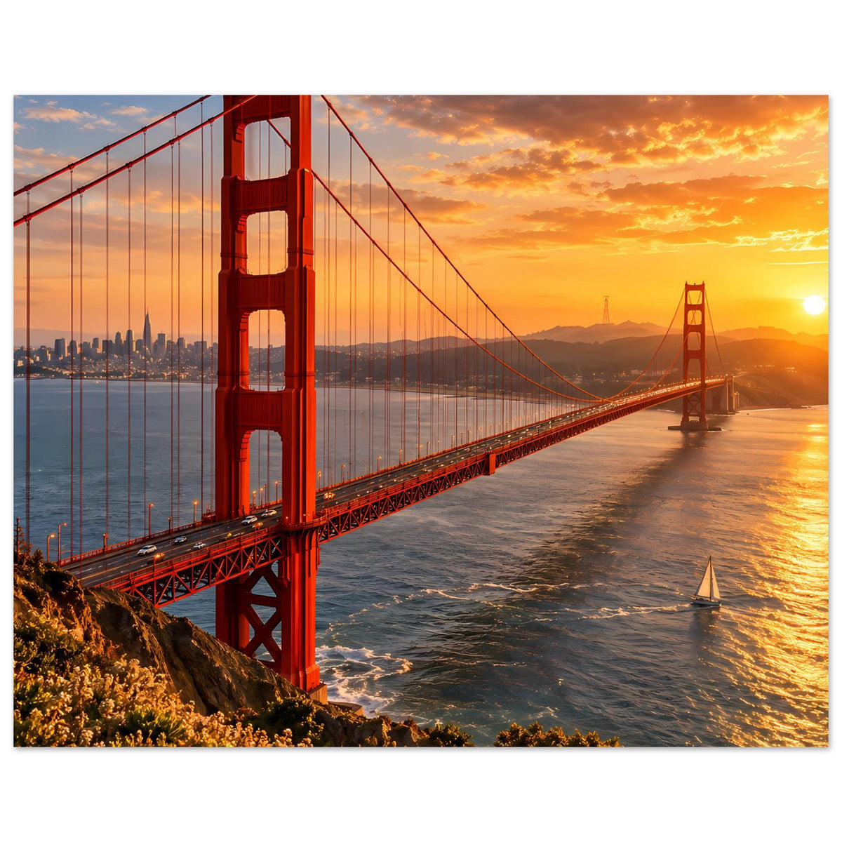 Poster im Querformat mit roter Hängebrücke über Wasser bei goldener Abendsonne