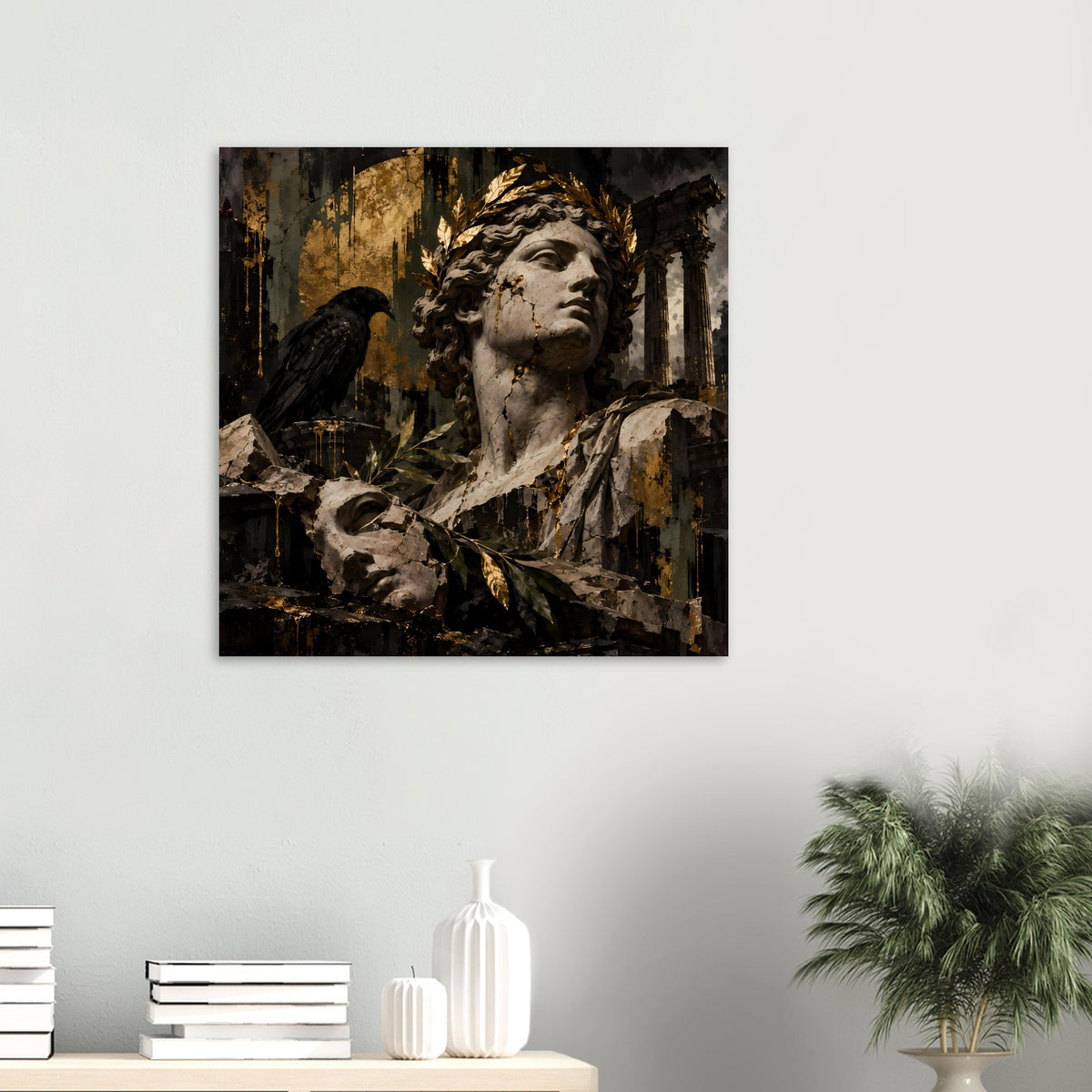 Barockes Poster im Rahmen: Statue mit Gewand und Lorbeergold, schwarzer Vogel