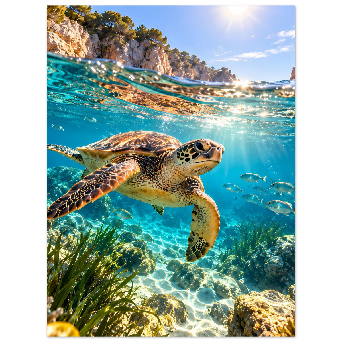 Hochformatiges Poster mit Meeresschildkröte im türkisblauen Meer und Unterwasserpflanzen