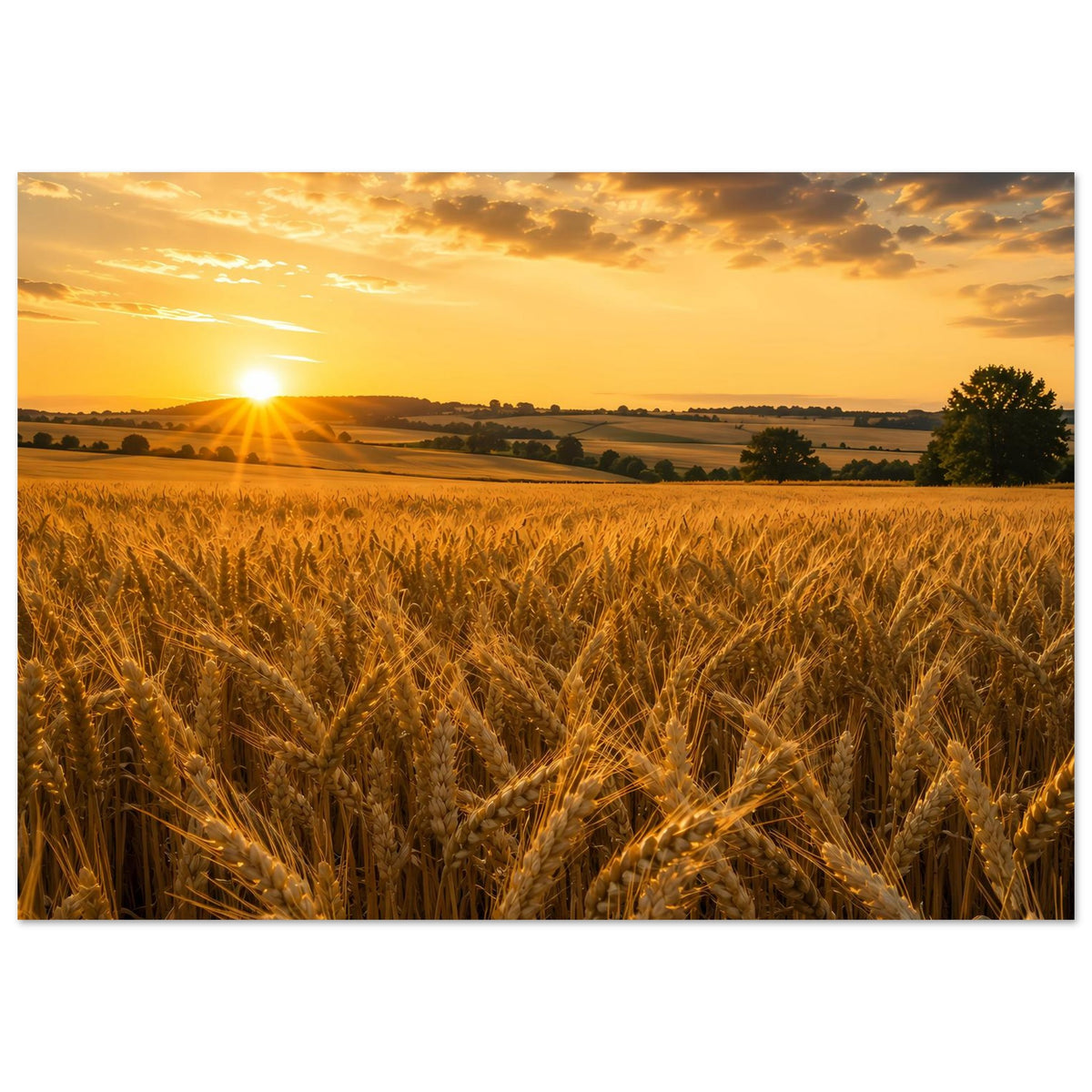 Landschaftsposter: Weizenhalme im Vordergrund, goldener Sonnenaufgang und Hügel im Hintergrund