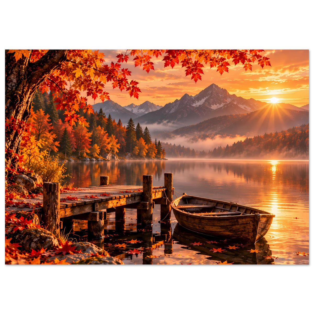 Herbstliches Berglandschafts-Poster: See, Holzsteg, Boot und rote Blätter