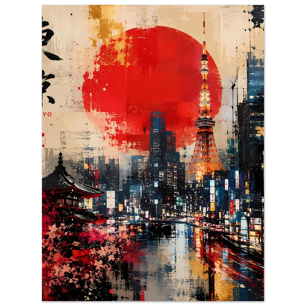 Abstraktes Poster mit Tokio-Skyline, rotem Sonnenkreis und detailreichem Tokio-Tower