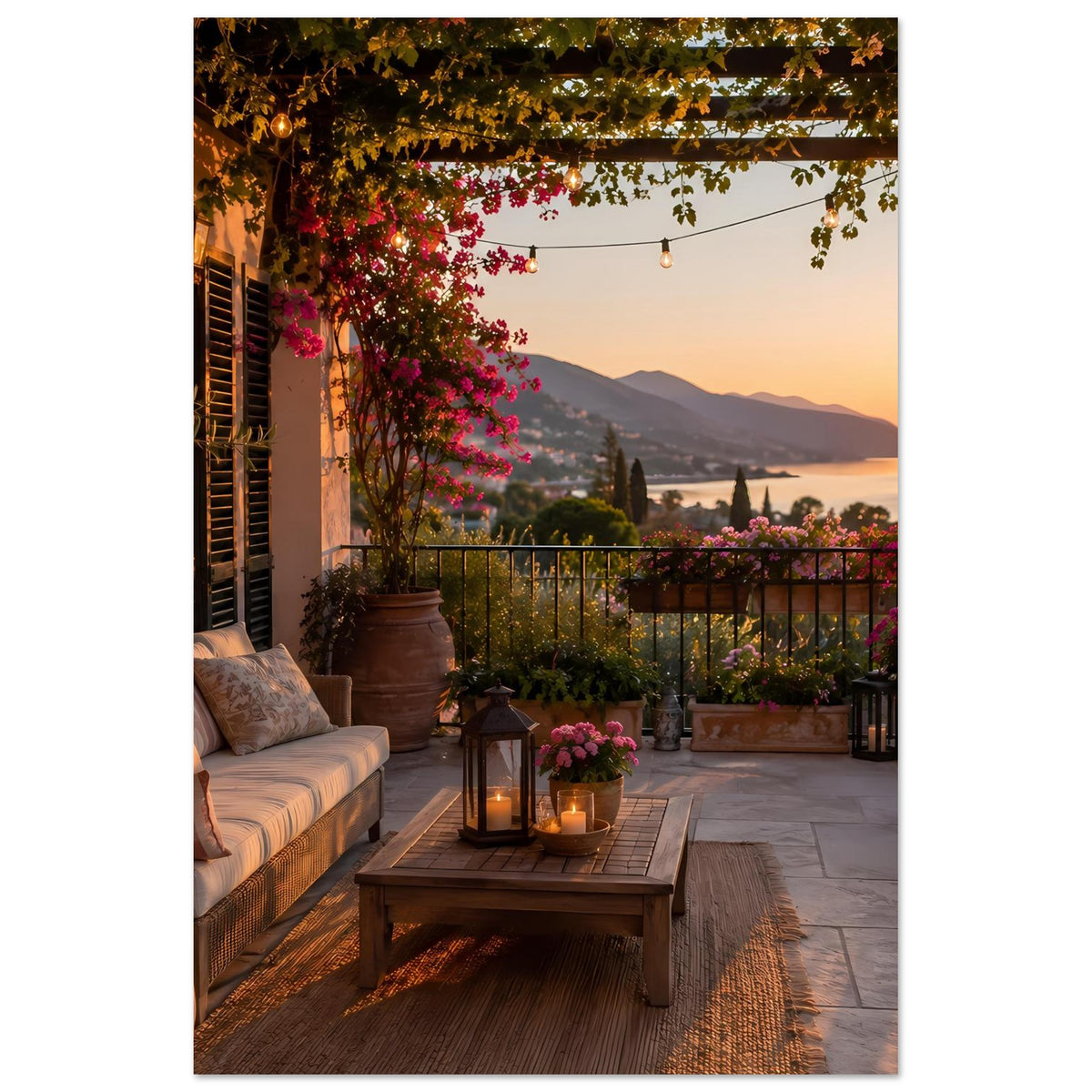 Vertikales Poster: Balkon im Abendlicht, Berge im Hintergrund, Blumen, Laterne und Tisch