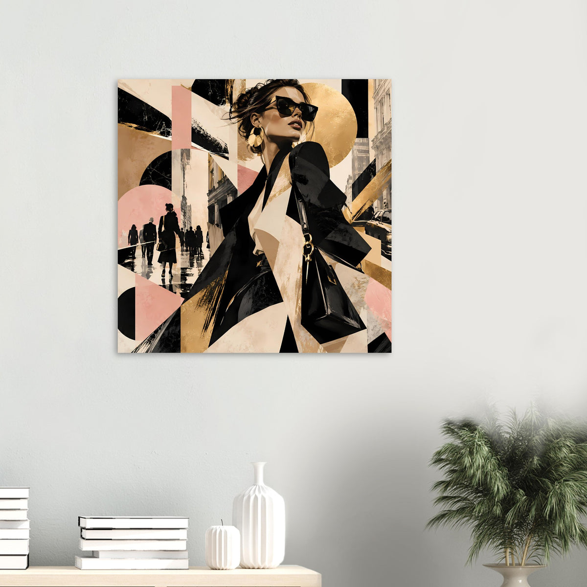 Mode-Poster kleinformatig mit Fashion-Figur in Schwarz-Gold, abstrakte Formen, Querformat