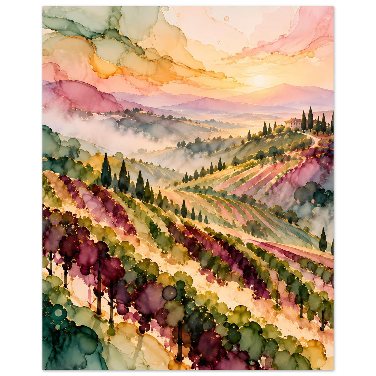 Landschaftsposter mit Weinbergen im Aquarell: Reihenspuren, Wolkenschleier und Landschaft im Hintergrund