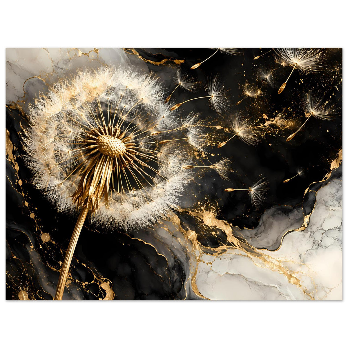 Poster-Ausschnitt: große Pusteblume mit goldenen Samen auf schwarzem Marmormotiv
