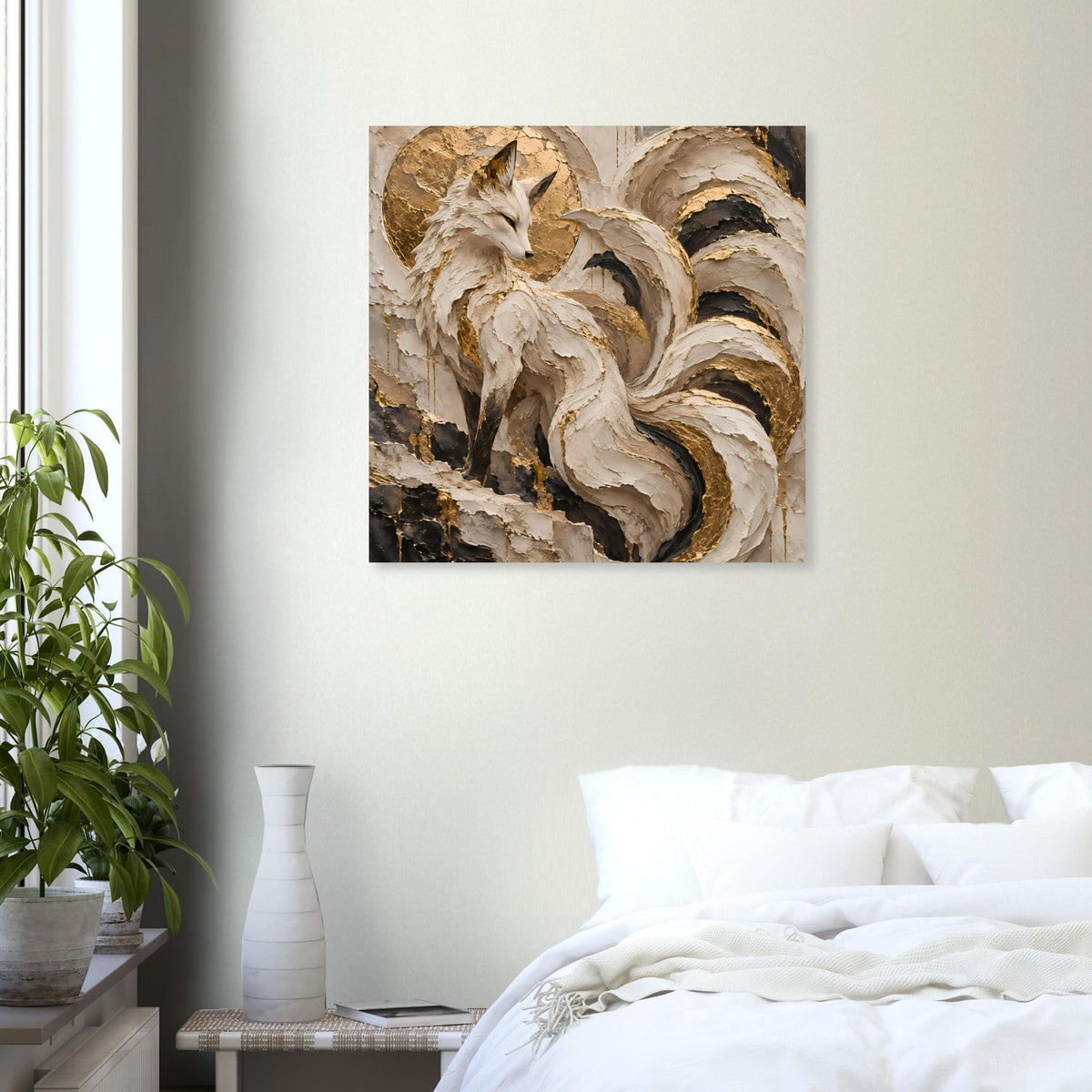 Quadratisches Kunstposter: Fuchs in cremigen Pinselwellen vor dunklem Hintergrund