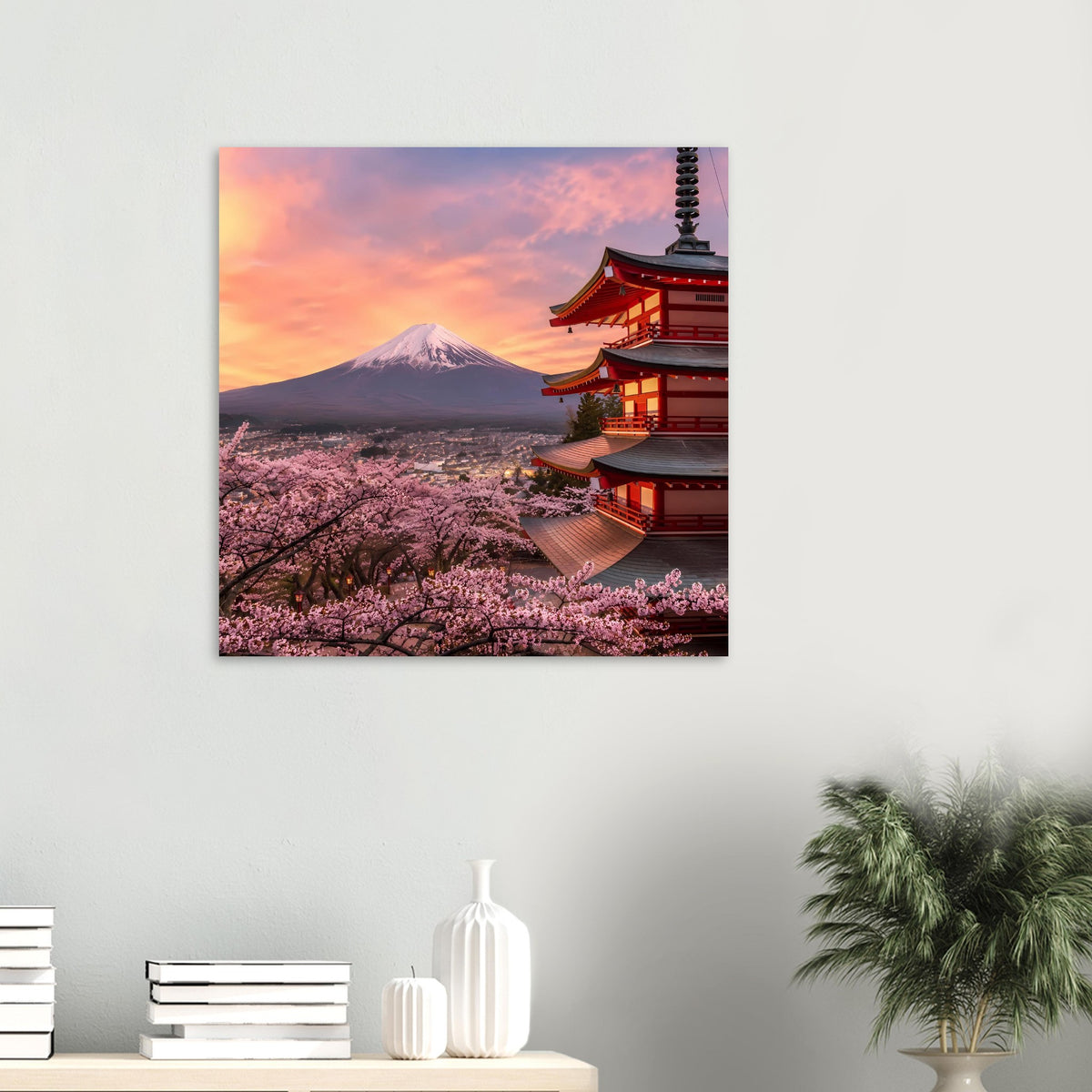 Premium Poster im kleinen Format: Mount Fuji, rosa Kirschblüten und roter Tempel rechts