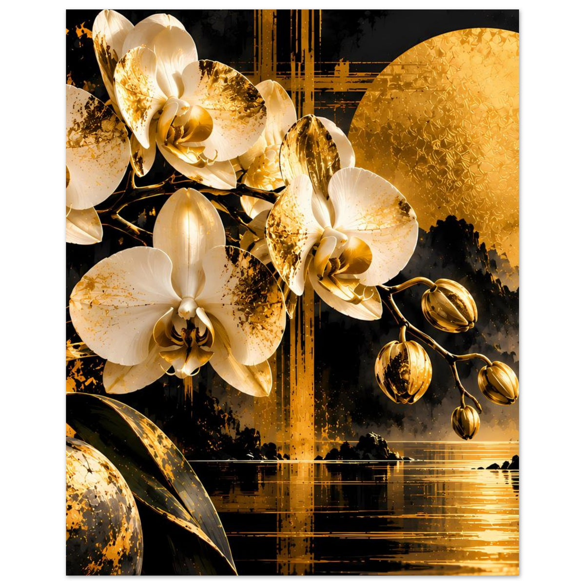 Orchideen-Wandposter im Hochformat: weiße Blüten, goldene Deko und Reflexionen.