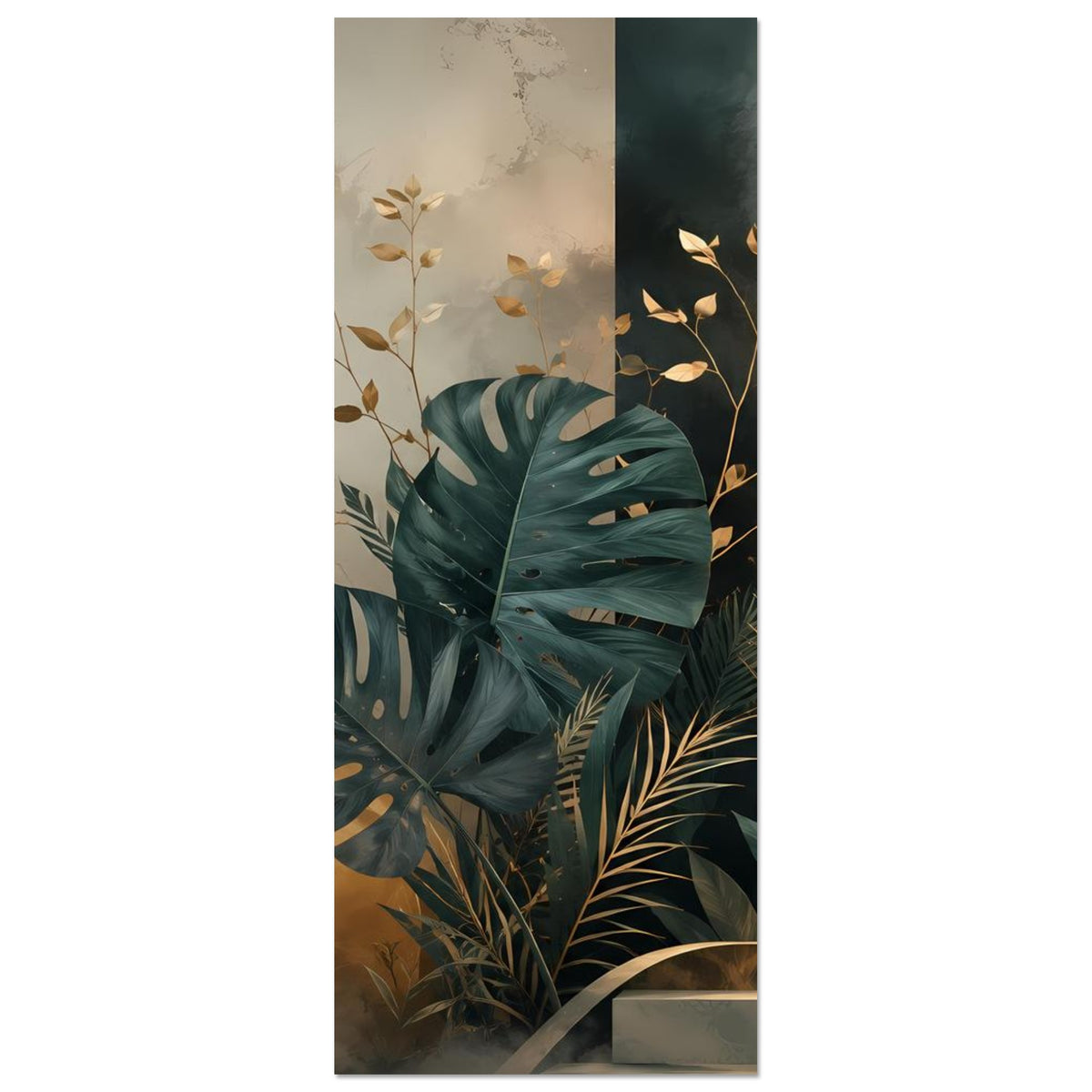 Vertikales Poster mit Monstera- und Palmblättern in Petrolgrün und Gold
