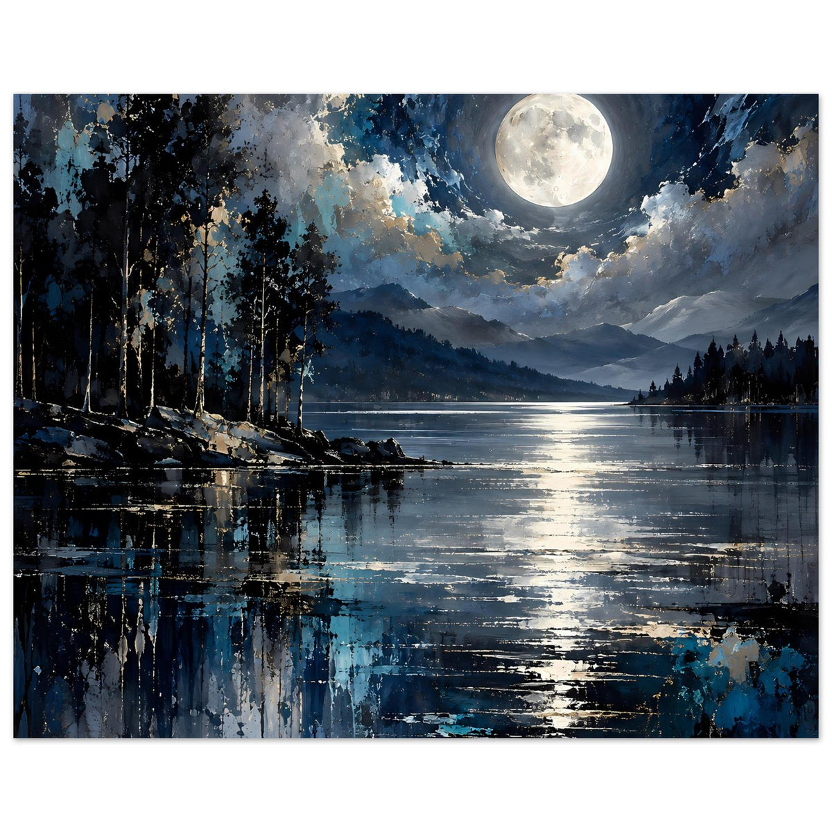 querformatiges Landschaftsposter mit Vollmond, Wolken und reflektierendem Seeufer, Blautöne