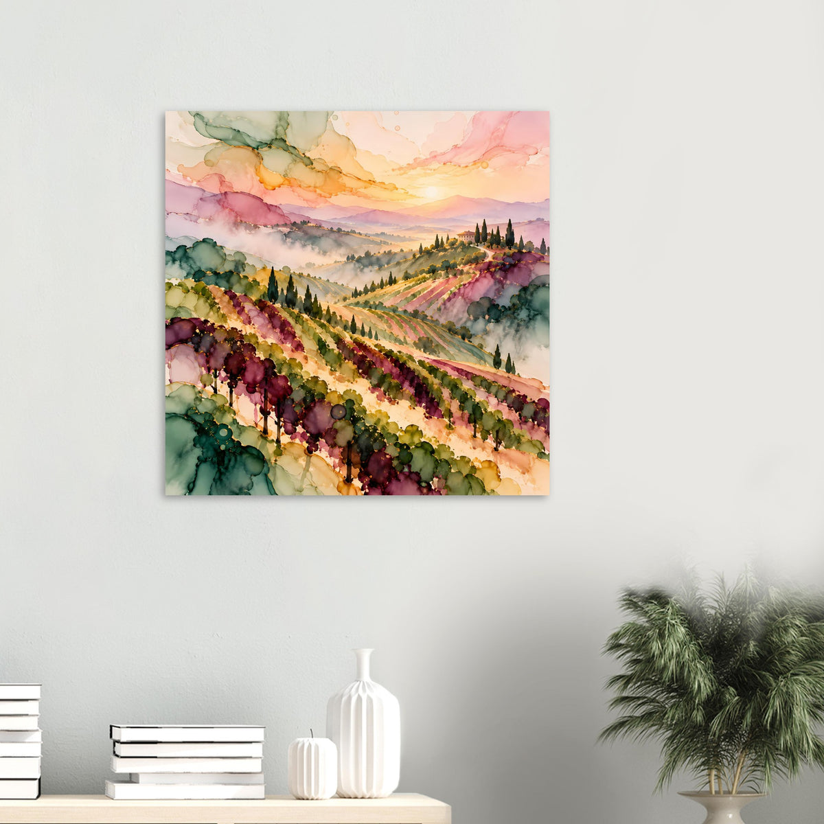 Kleines Landschaftsposter im Querformat mit Weinberglandschaft, Aquarell-Look und warmem Licht